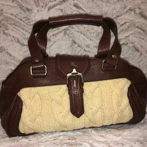 Burberry Cable Knit and Brown Leather Trim Satchel